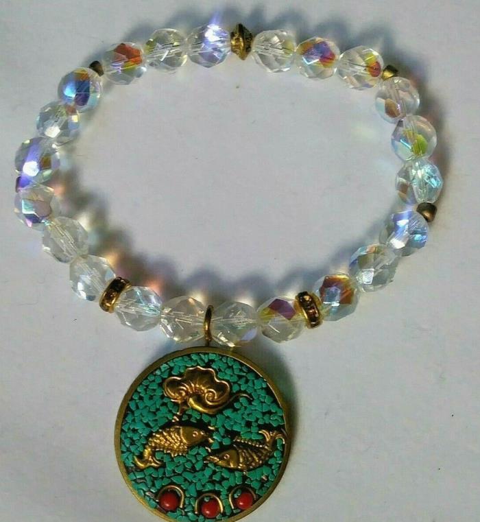 Tibetan Nepal Turquoise Gold Mix Crystal Bead Bracelet