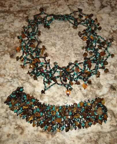 Turquoise and Tigers Eye Beaded Necklace/Choker & Bracelet with Magnetic Closure