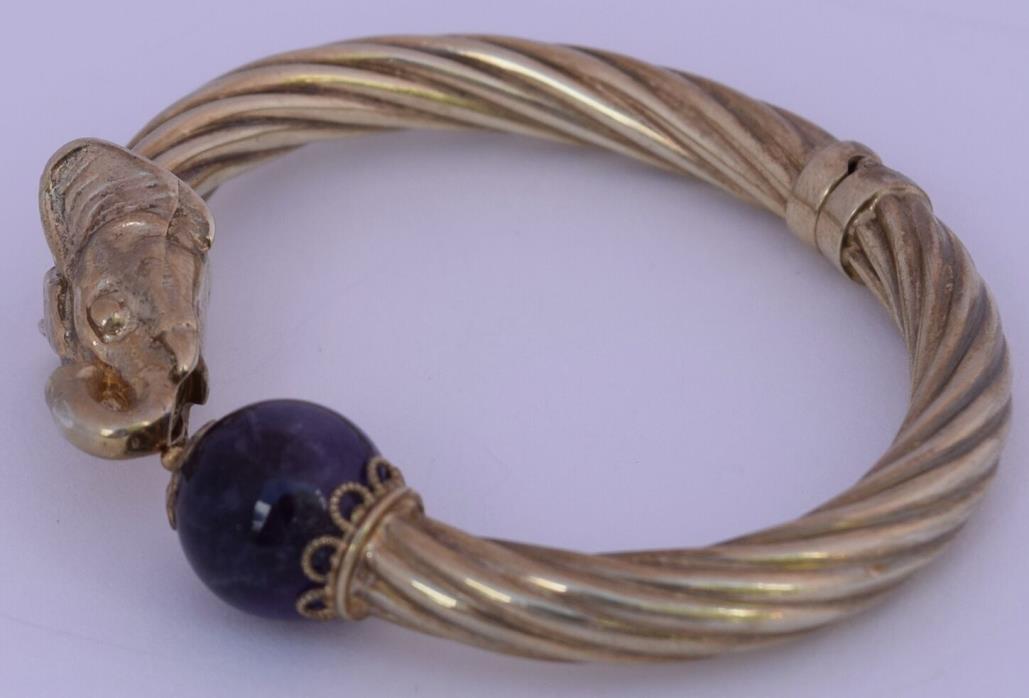 Vintage Elephant Gilt sterling silver & Amethyst bangle bracelet Italy designer