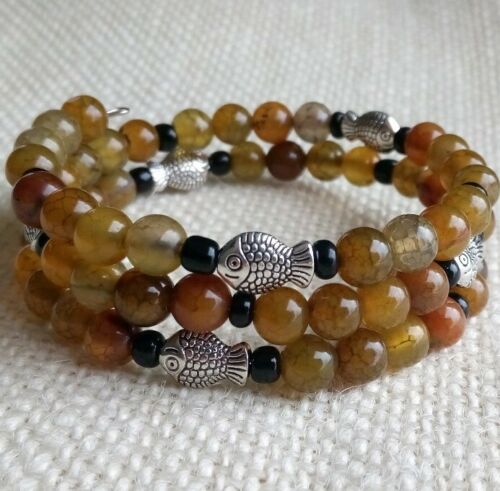 Fish, Brown Dragon Vein Agate Stone, Black Glass Bead Memory Wire Wrap Bracelet