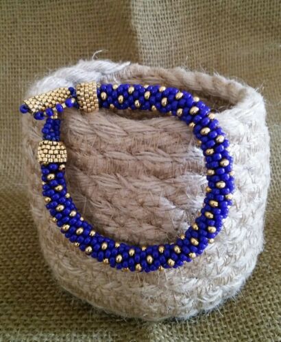 Homemade crochet beaded bracelet. Cobalt & gold