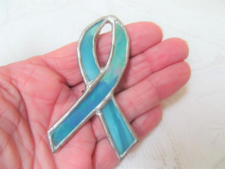 Handcrafted Stain Glass Blue Cancer Awareness Ribbon 3