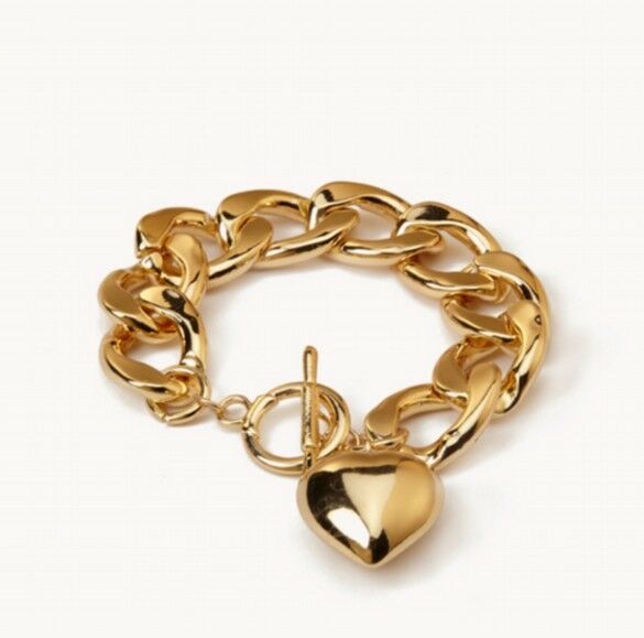 Gold Plated Link Bracelet with Puffed Heart Charm and Toggle Clasp