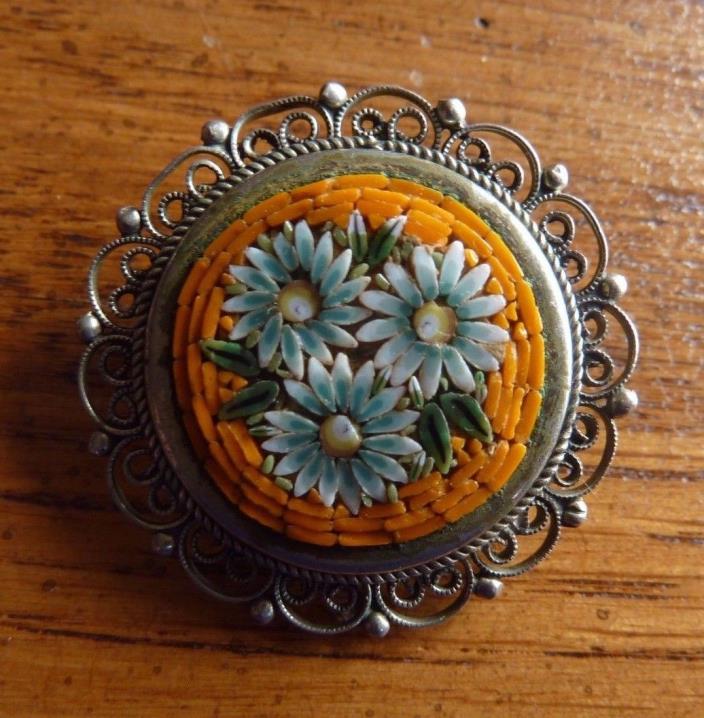Vintage Filigree MOSAIC PIN Flowers Orange ITALY