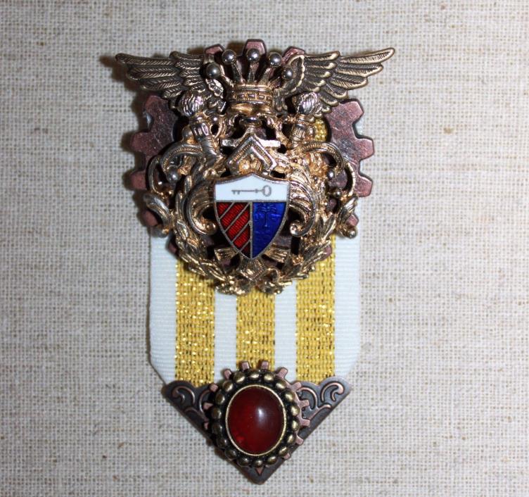 Steampunk brooch/pin- airship badge w/ shield, wings, crown, & large gear