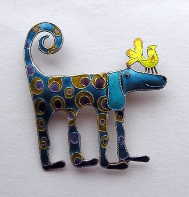 Whimsical Blue Enamel Dog w Yellow Bird On Nose Figural Pin Brooch