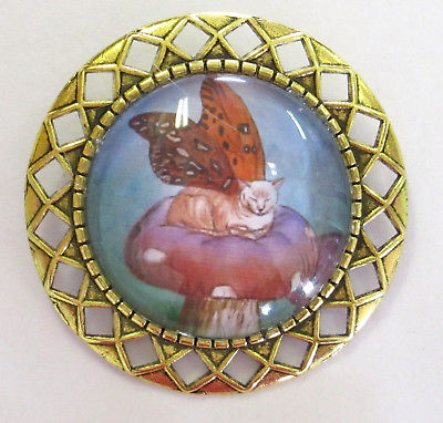 Handmade Glass Cabochon Pin- Fairy Cat with Butterfly Wings
