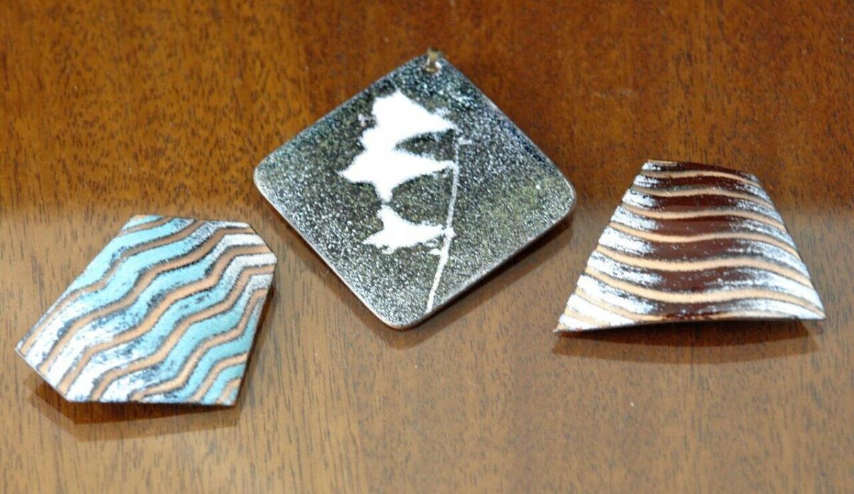 Vintage Lot 3 Modernist Abstract ENAMEL ON COPPER 2 SIGNED BROOCHES & 1 PENDANT