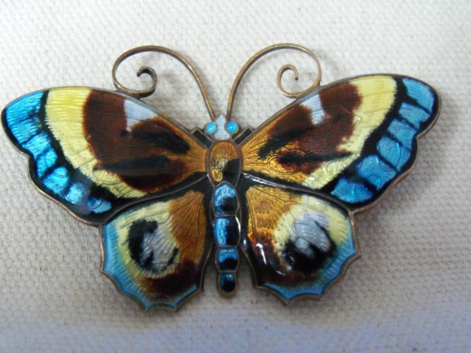 VTG D-A DAVID ANDERSEN NORWAY LARGE STERLING ENAMELED BUTTERFLY BROOCH PIN