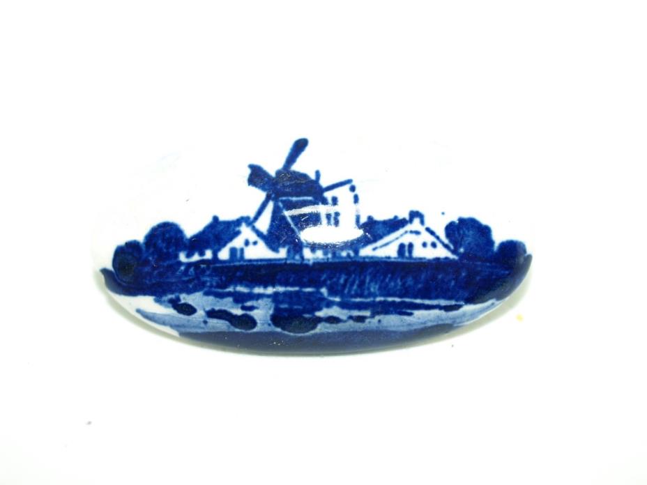 Vintage Ceramic Delft Blue & White Oval Pin Marked Holland on Back-2631