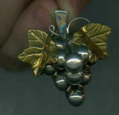 Antique .925 Sterling Silver Gold Leaves Grape Brooch Designed Mexico