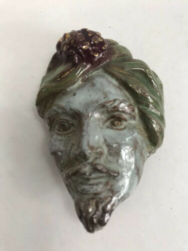 Handcrafted Ceramic Pin Brooch Face Artist Signed Genie Wizard Merlin Sultan Tur