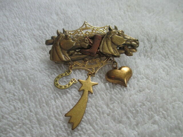 Handmade Brass Collage Pin: Two Horses