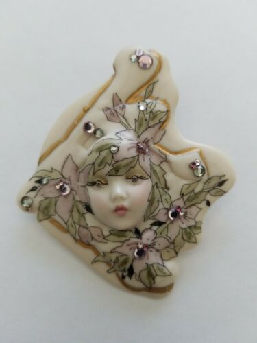 Adagio pin lacy lady hand painted with crystals in pail pink neutral colors.