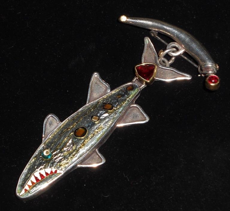 Kristin Holeman Sterling Silver 22K 24K Enamel & Garnet Shark Pin