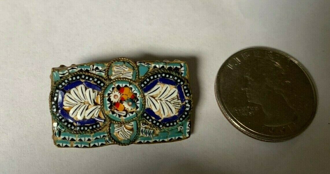 OLD Vintage Micro Mosaic Rectangular Shaped Pin, Made in Italy, Flowers,  BIN