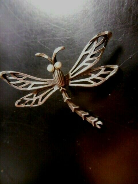 Dragonfly Brooch Pin decorative jewelry OPEN WORK WINGS pewter FAUX PEARL EYES