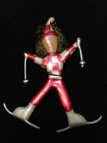 One-of-a-kind unique clay Woman skier pin brooch 3.5” Tall