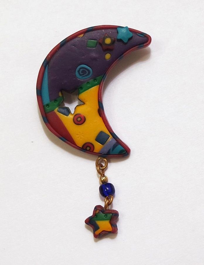 Homemade Hand Made MULTICOLOR CRESCENT MOON WITH DANGLING STAR Brooch Pin