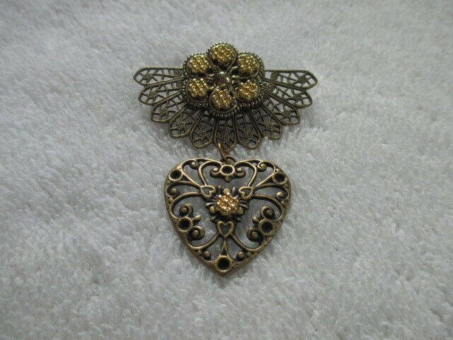 Handmade Antique Brass Fan Pin w/ Antique Brass Heart Drop and Vintage Hat Beads