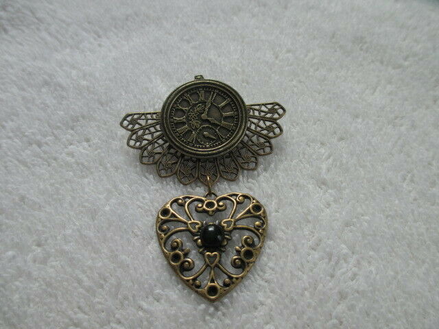 Handmade Antique Brass Fan and Button Pin with Antique Brass Heart Drop