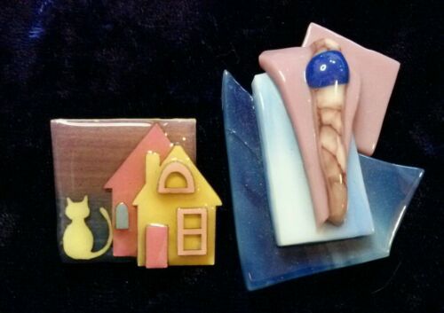 2 Lovely Unusual Art Glass Abstract & Porcelain Kitty at Home Pins~ 2 pcs