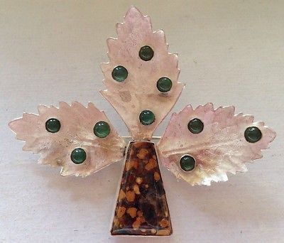 HAND CAST STERLING SILVER KALANCHOE LEAVES & OOLITE JASPER & AVENTURINE BROOCH