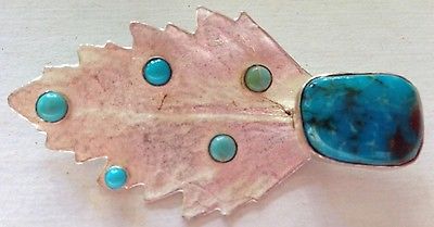 HAND CAST SILVER KALANCHOE LEAF & ROYSTON & SLEEPING BEAUTY TURQUOISE  BROOCH