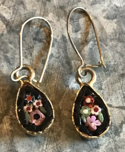 Vintage 1970s Micro Mosaic Glass Floral Earrings Made In Italy Jewelry Flowers