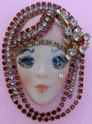 Porcelain Lady Face Head Pin Flapper Rhinestones Artist Made Handpainted Signed