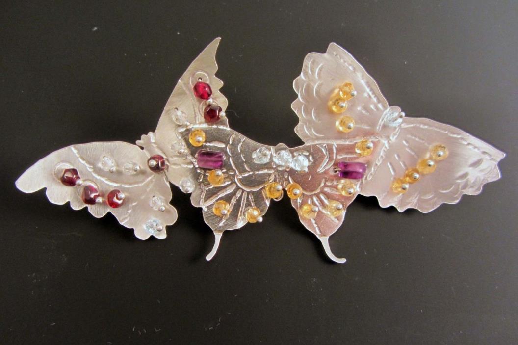 Unique Brooch Sterling Silver Butterflies Topaz Amethyst Garnet Citrine OOAK