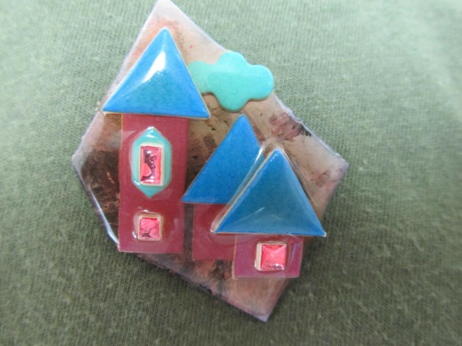 HOUSE PINS By LUCINDA - Pink Houses with Blue Roof Pink Stone Doors  and Windows