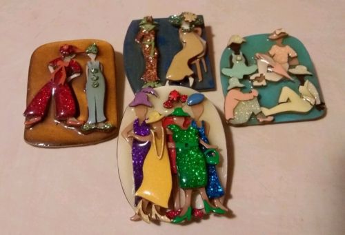 Lucinda Lot of 4 Pins Glitter HATS & SHOES PURPLE GREEN BLUE RED Ladies