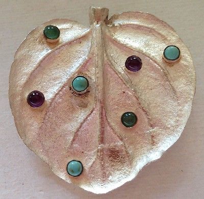 HAND CAST SILVER AFRICAN VIOLET LEAF & AMETHYST & TURQUOISE & AVENTURINE BROOCH