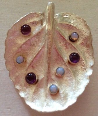 HAND CAST STERLING SILVER AFRICAN VIOLET LEAF & OPAL & AMETHYST CABOCHONS BROOCH