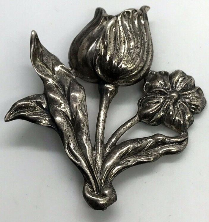 Large Vintage Danecraft Sterling Silver  Art Nouveau Tulip Brooch Pin