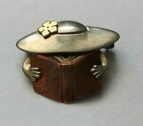 Mima & Oly Silver Copper Reader Lady Girl Reading Book Pin Brooch Librarian Read