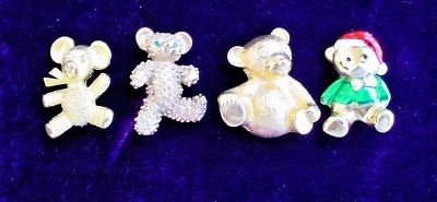 4 Pin Brooch Lot TEDDY BEAR PIN Costume Jewelry 2 w Rhinestones 1 Christmas Gold