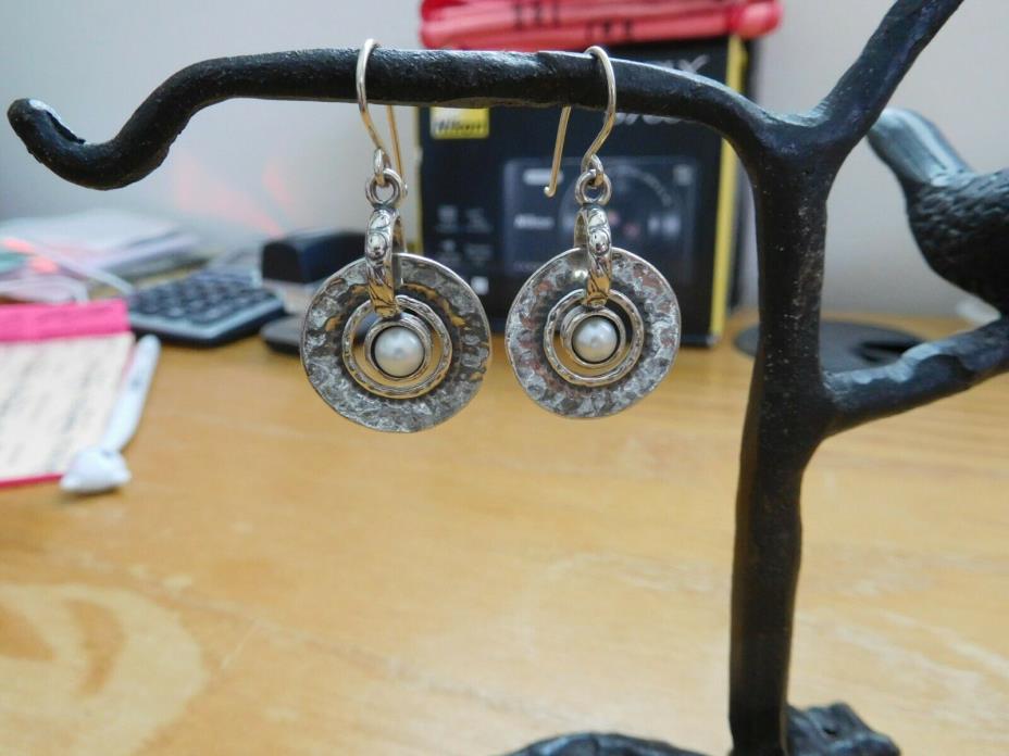 Didae Sterling Silver Hammered Disc Pearl Earrings  Israel