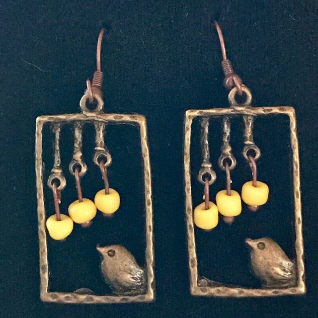 Antique Bronze Bird in Window Handmade Earrings with Yellow Czech Glass Beads