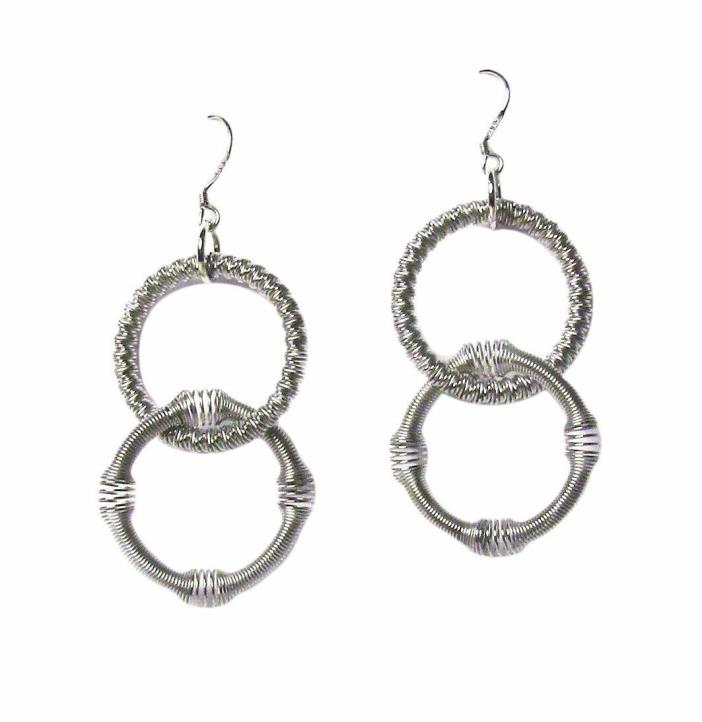 TIGERSTARS HANDCRAFTED SILVER DOUBLE RING PIANO WIRE DANGLE DROP EARRINGS