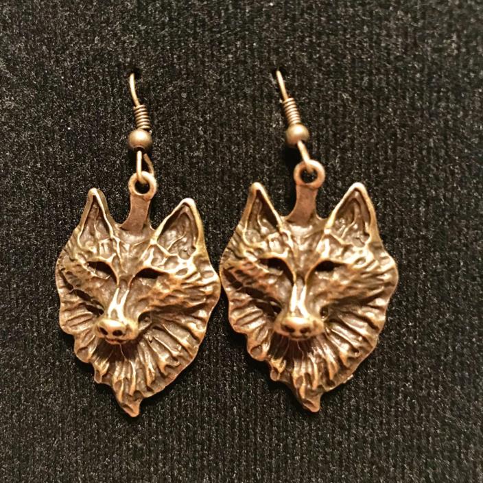 Bronze Wolf Dangle Drop Earrings with Bronze French Ear Hooks