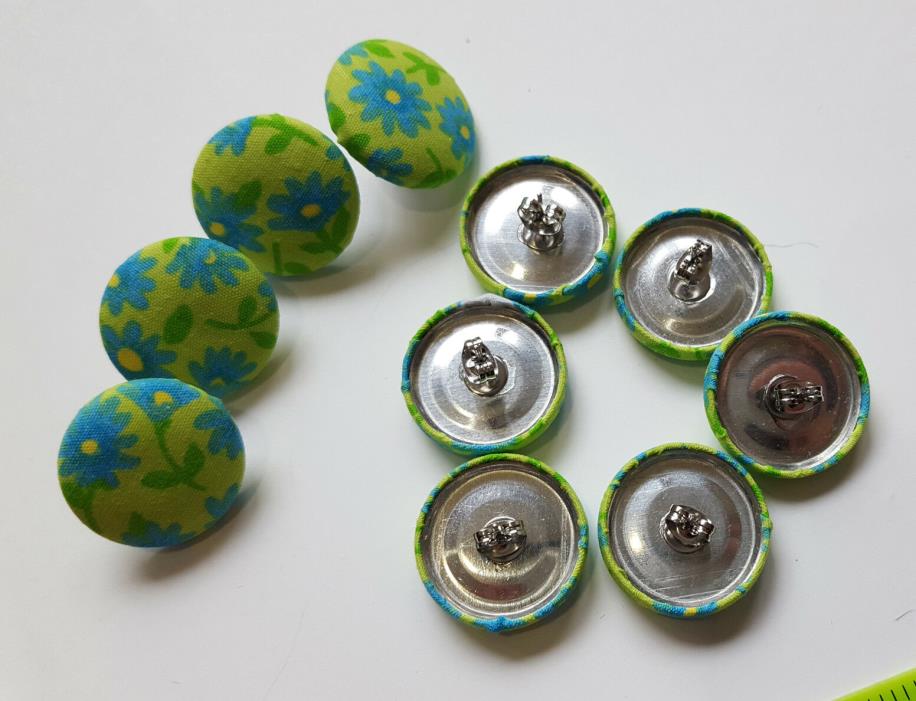 Big Handmade Fabric Stud/Post Button Earrings 22.5 mm Blue Flowers
