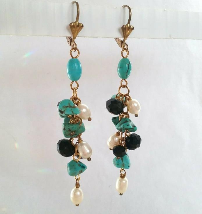 Turquoise Nugget Earrings Freshwater Pearls Black Crystal Accents Long Dangles