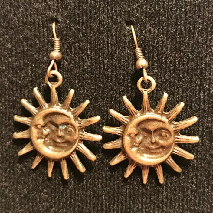 Bronze Sun and Moon Dangle Drop Earrings with Bronze French Ear Hooks