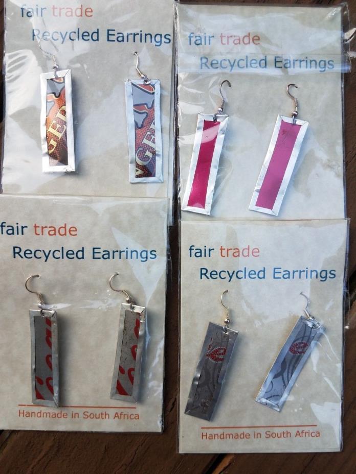 Fair Trade Handmade Rectangle Square Recycled Tin Earrings (jewelry) Set of 4