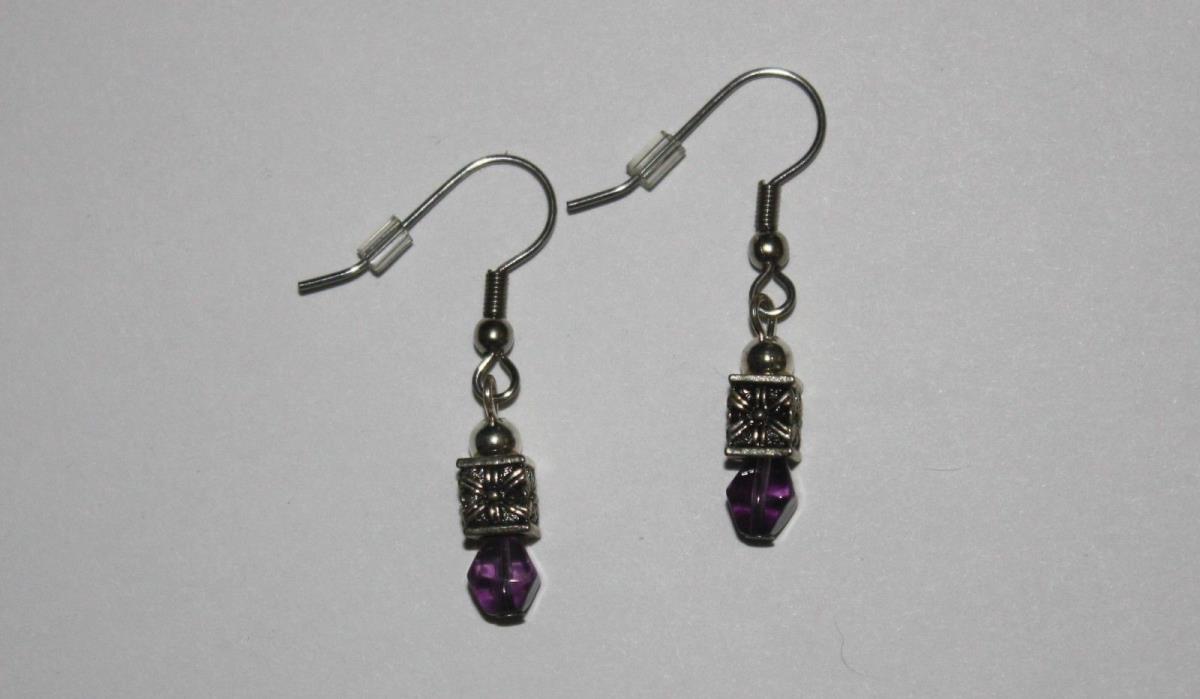 PAIR OF SQUARE SILVER AND PURPLE BEAD EARRINGS