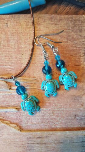 Sea Turtle Earring and Necklace Set Bright Hand Crafted Casual Stone Honu Aloha