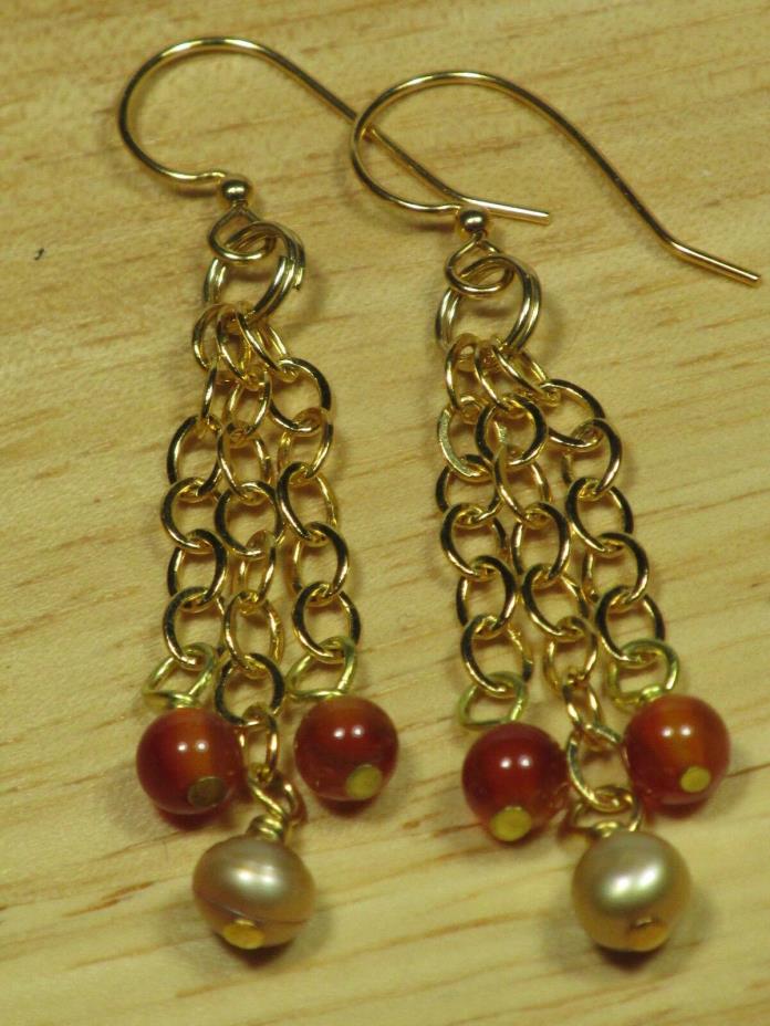 Carnelian, Pearl and Gold Plated Chain Hook Dangle Earrings (AR007L-2)
