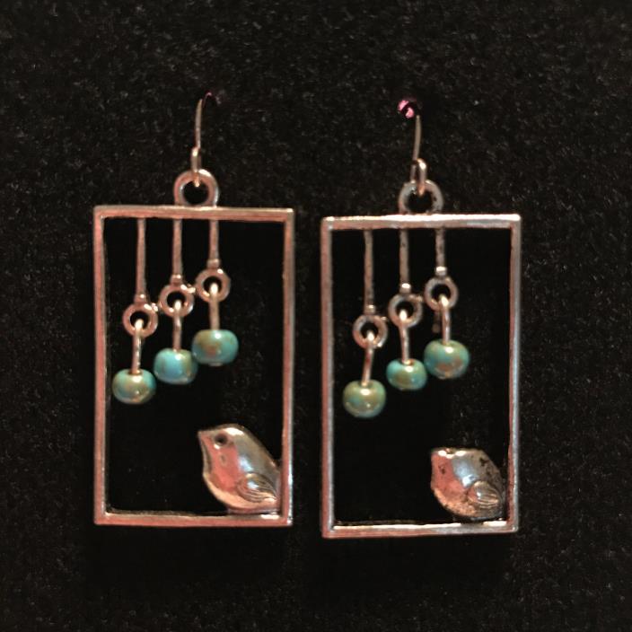 Silver Bird in Window Handmade Earrings with Picasso Turquoise Czech Glass Beads